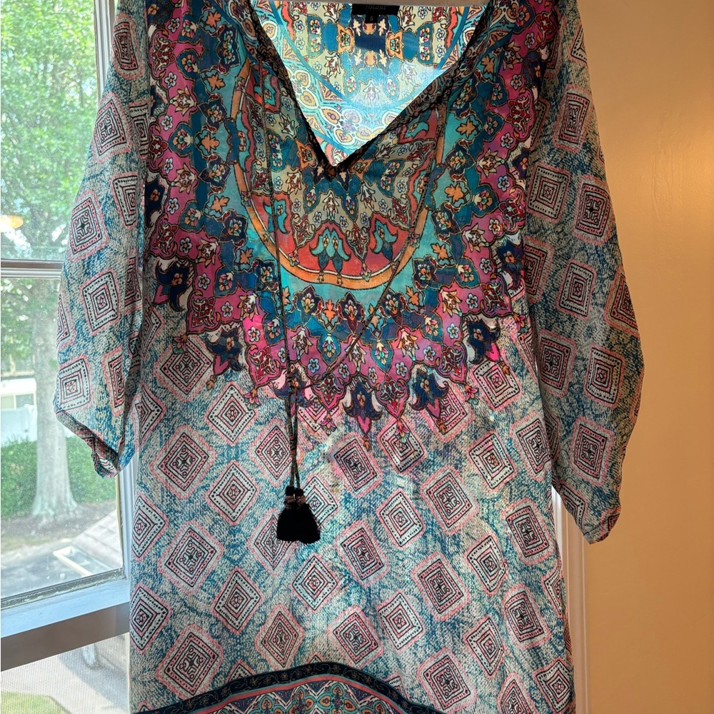 Tolani Vibrant Long Sleeve Dress with Blue and Pink Accents